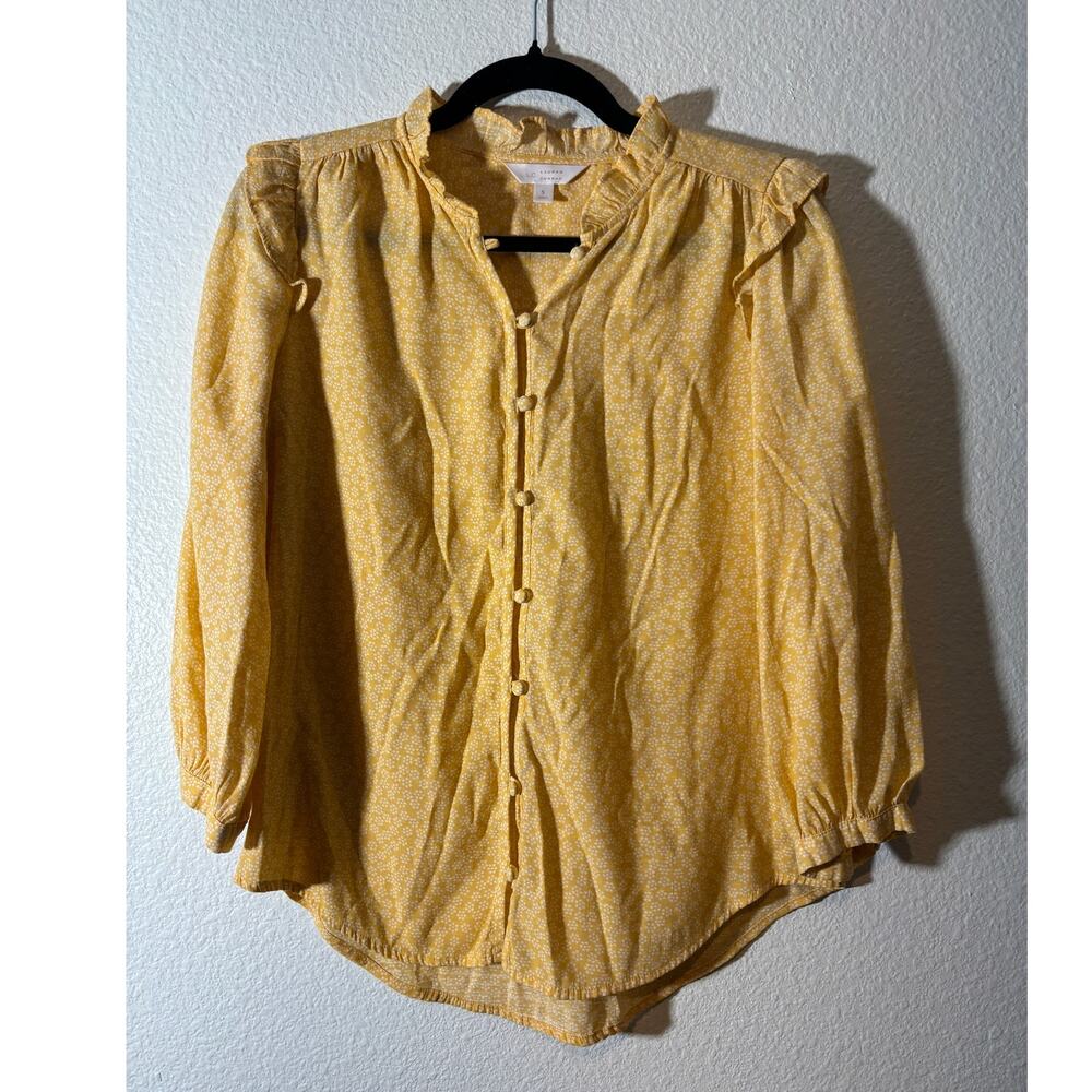 LC Lauren Conrad Size S Yellow Floral Button-Up Round Hem 3/4 Sleeves Top